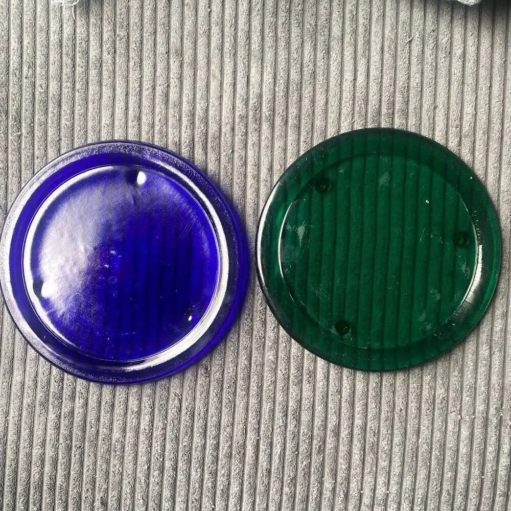 Vintage 90s colored Glass Candle Holder Plates Whimsigoth cobalt green plate lot